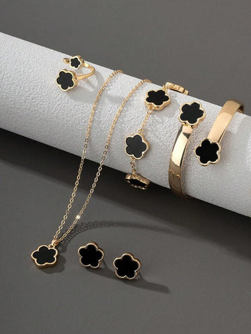 1 Set Jewelry For Women Includes 1 Necklace With Clover Pendant, 1 Bracelet, 1 Pair Of Earrings, 1 Ring, 1 Bangle