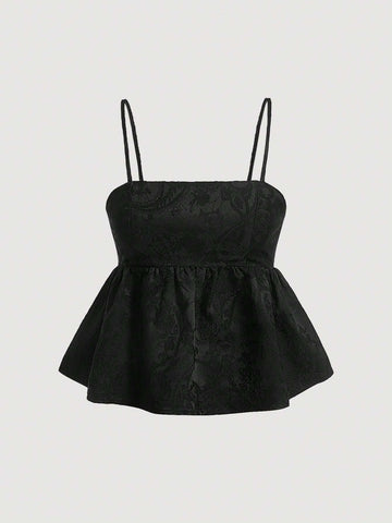 PA6680 Jacquard Peplum Cami Black Short Tube Top Doll Top
