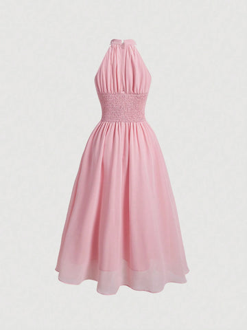 PA9237 || Women's Solid Color Halter Neck Ruffle Hem Dress,Pastel Dresses For Women