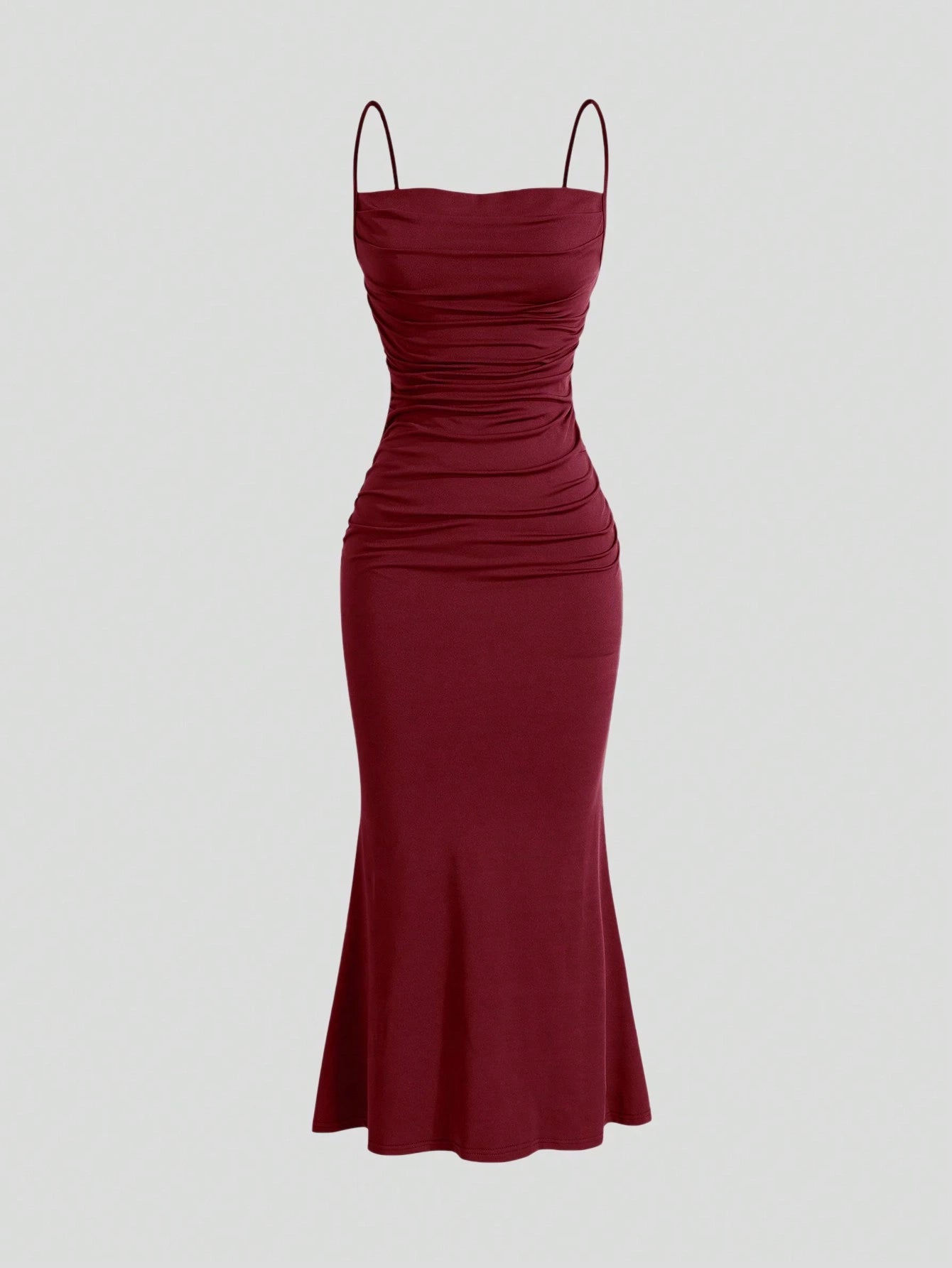 PA1083 Solid Ruched Cami Dress Burgundy Maxi Women Outfit