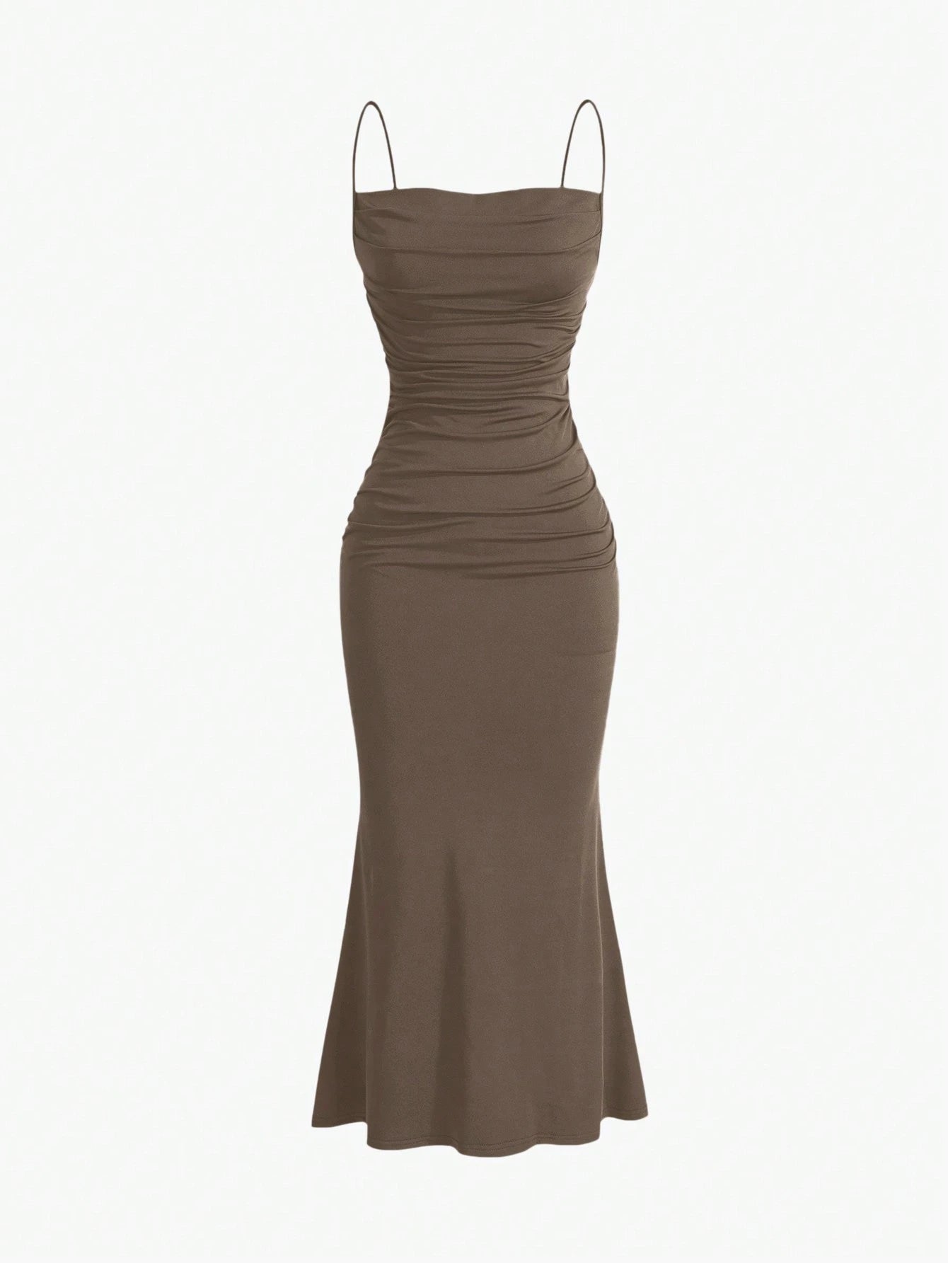 PA1083 Solid Ruched Cami Dress Burgundy Maxi Women Outfit