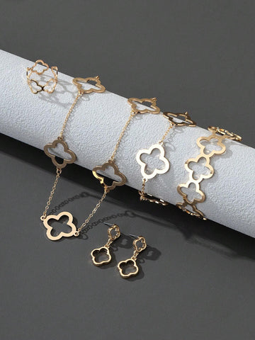 WZ0006 1set Hollow Out Lucky Clover Necklace, Bracelet, Bangle, Ring And Earrings Valentines