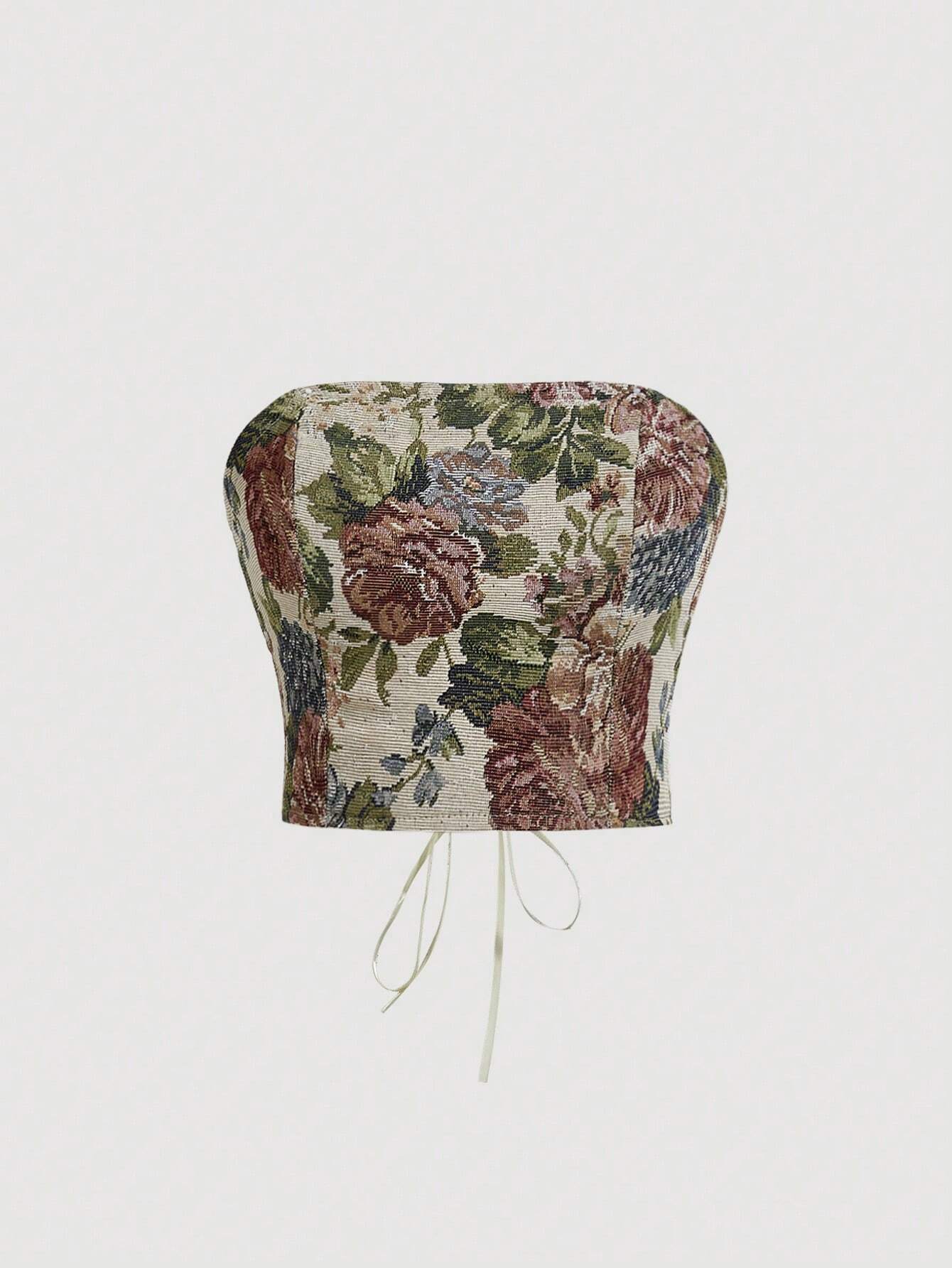HW4813 Floral Print Backless Crossed Bandeau Top Y2K