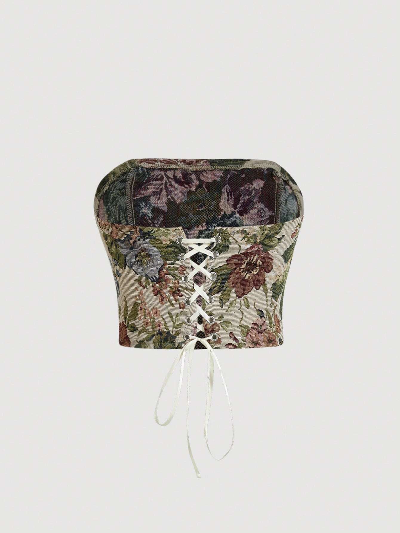 HW4813 Floral Print Backless Crossed Bandeau Top Y2K