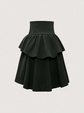 CV2035 Women's Fashion Solid Color Ruffled Design Skirt