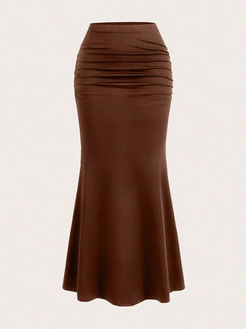 CV2029 Women's Solid Color Pleated Fish Tail Skirt Maxi Women Outfit