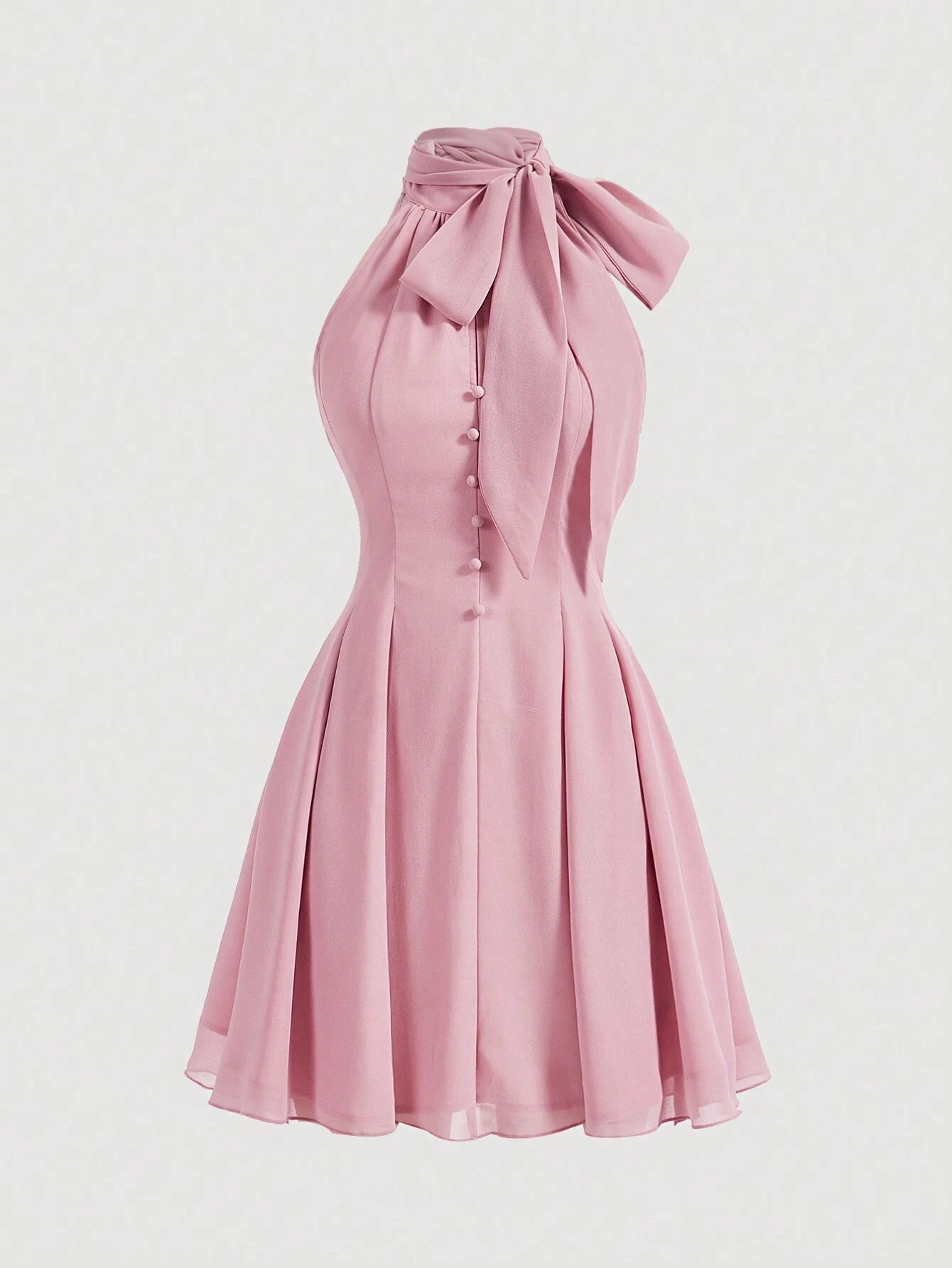 PA1924 Pink Ribbon Bow Detail Tie Strap Neck Romantic Summer Dress