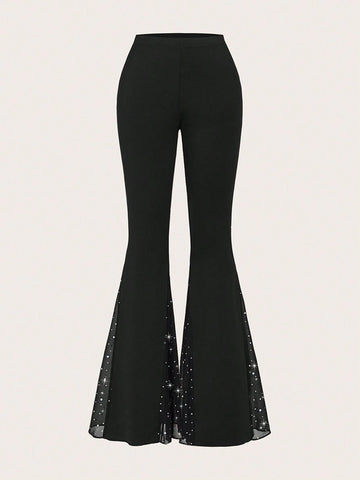 CV2049 Women's Fashionable Contrast Mesh Flare Pants