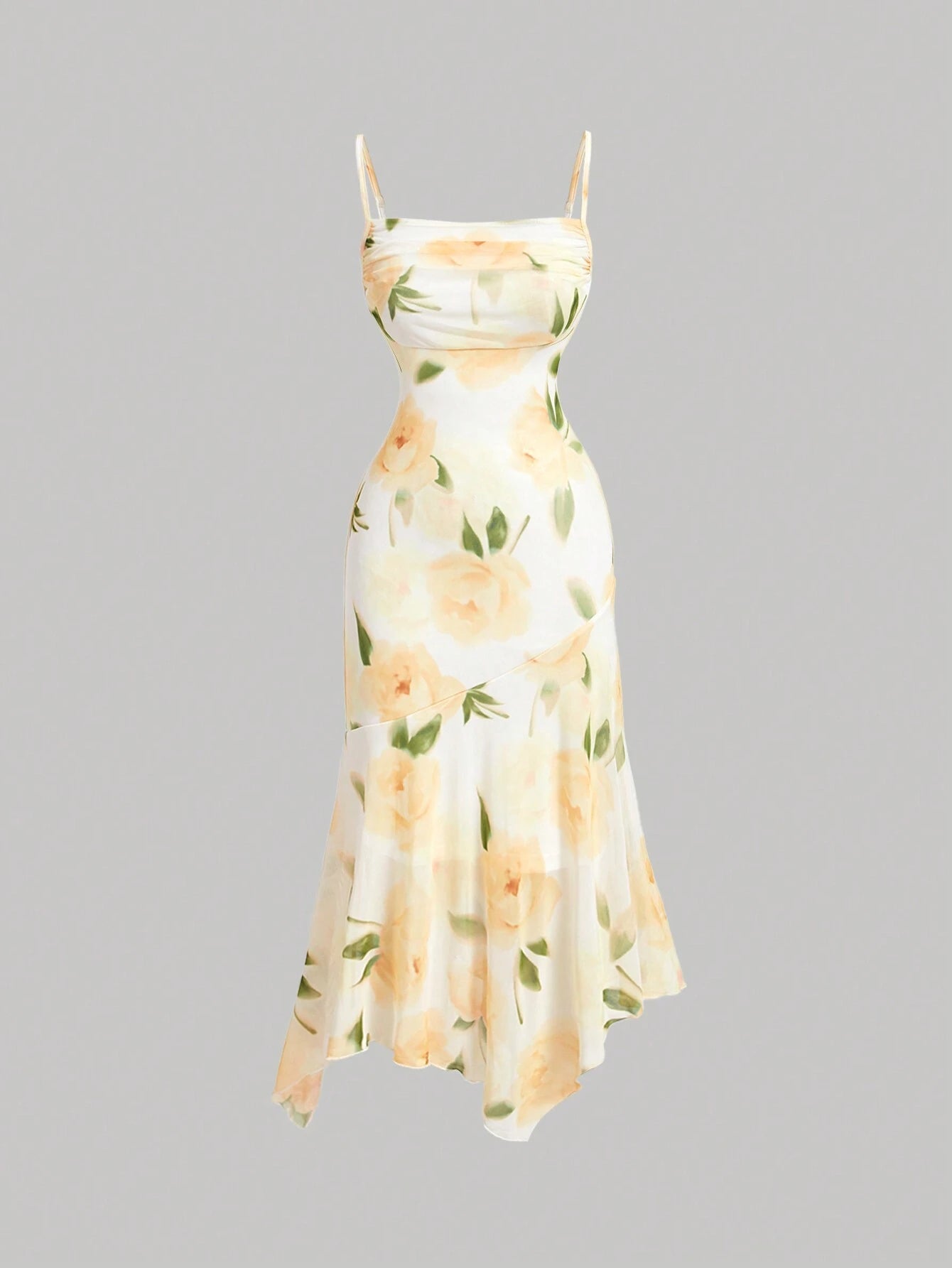 PA3482 || Women's Floral Print Pleated Front Waist Asymmetrical Hem Camisole Dress,Elegant Women Dresses,Homecoming Dresses,Asymmetrical Dress,Bridesmaid Dress,Brunch Women Outfit, Festival Dress,Wedding Dress Guest