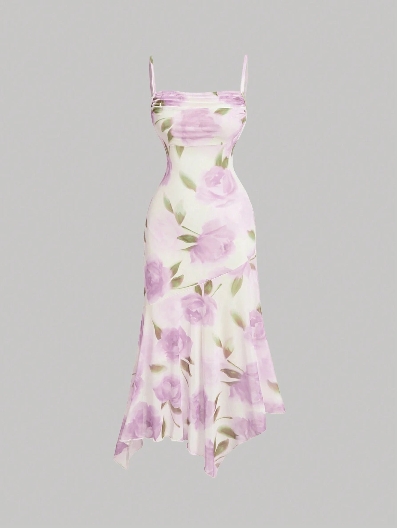PA3482 || Women's Floral Print Pleated Front Waist Asymmetrical Hem Camisole Dress,Elegant Women Dresses,Homecoming Dresses,Asymmetrical Dress,Bridesmaid Dress,Brunch Women Outfit, Festival Dress,Wedding Dress Guest