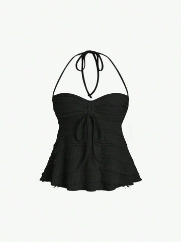 PA3701 Solid Color Drawstring Halter Backless Sexy Summer Tank Top