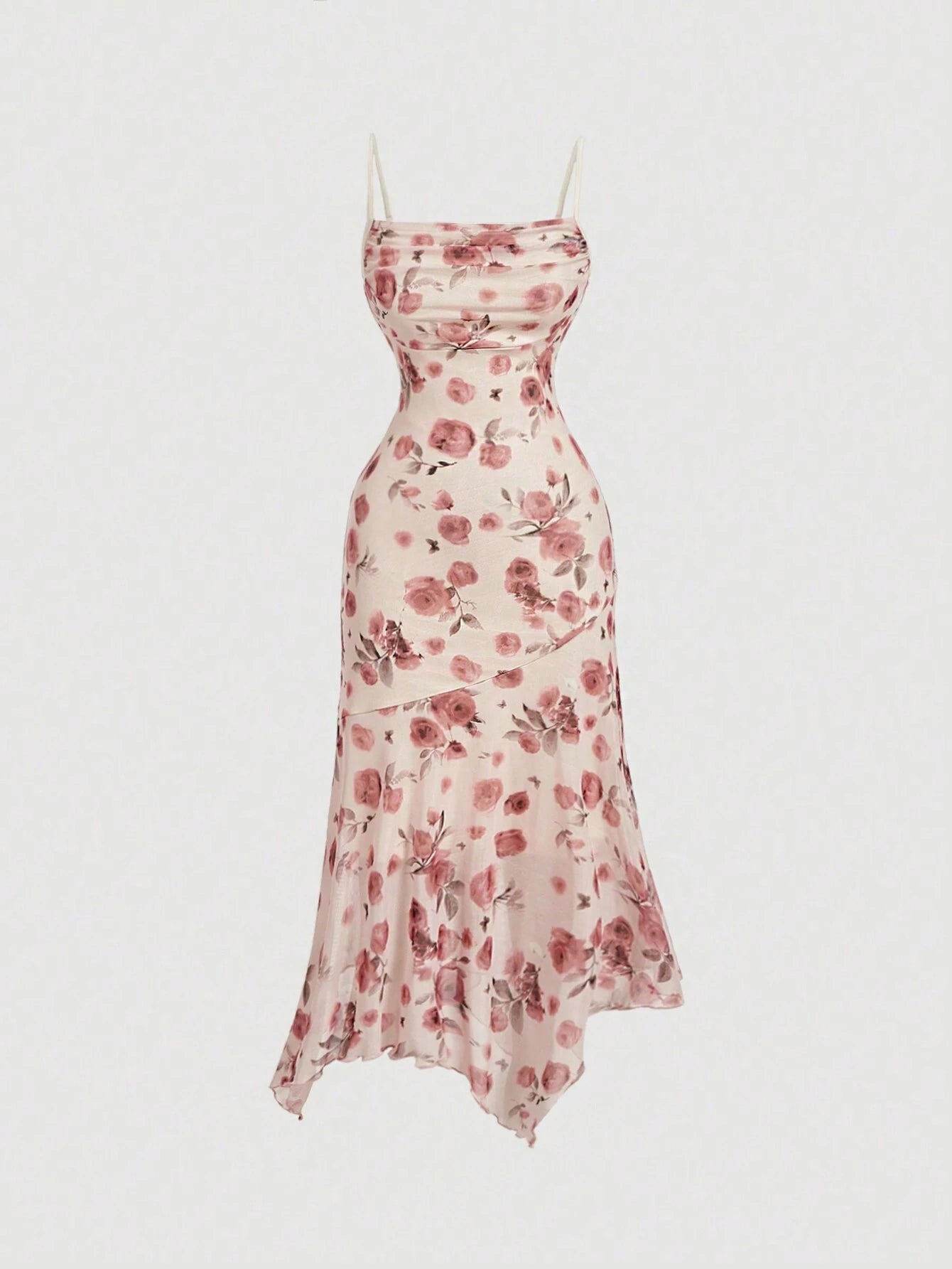 PA3482 || Women's Floral Print Pleated Front Waist Asymmetrical Hem Camisole Dress,Elegant Women Dresses,Homecoming Dresses,Asymmetrical Dress,Bridesmaid Dress,Brunch Women Outfit, Festival Dress,Wedding Dress Guest