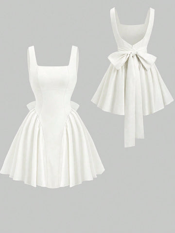 PA7132 Women's Solid Color Square Neck Backless Bowknot Summer Dress