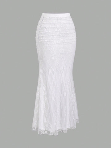 CV2034 Women's White Lace Mermaid Hem Bodycon Maxi Skirt, Spring/Summer