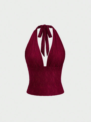 HW8032 European And American Minimalist Sexy Elegant Lace Halter Neck Tie Low-Cut Elegant Simple Daily Tank Top