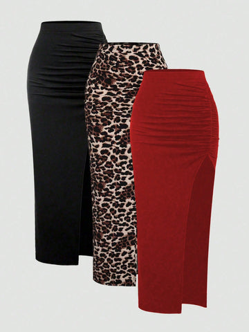 CV2027 Women's Summer Casual Ruched High Slit Bodycon Skirt Y2K Outfit Maxi Women Outfit