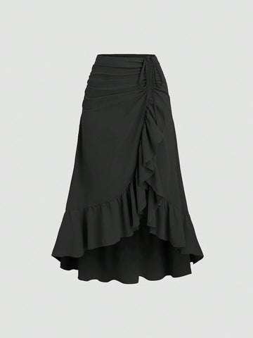 CV2021 Women's New V-Hem Ruffled Drawstring Waist Layered Skirt, Vintage Style, Burgundy, Spring/Summer, Suitable For Valentine's Day, Party, Bohemian