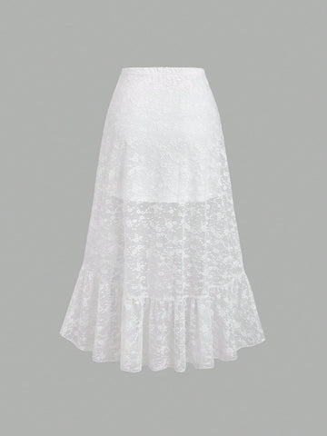 CV2043 Women's New Floral Lace White High Low Hem Retro Palace Style Half Slip Skirt, Drawstring Layered Ruffle Hem Skirt, Party Skirt, Boho Style Skirt, Spring/Summer