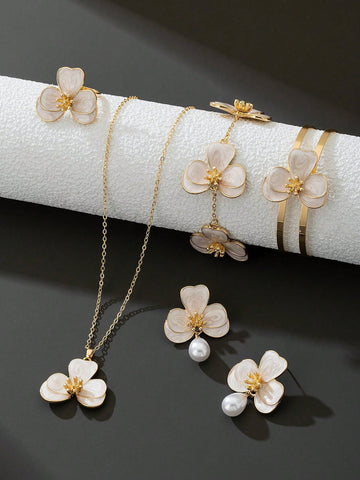 WZ0007 1 Set Women Jewelry Gift: 1pc Floral Pearl Pendant Necklace, 1 Pair Earrings, 1pc Ring, 1pc Bracelet, 1pc Bangle (No Gift Box)