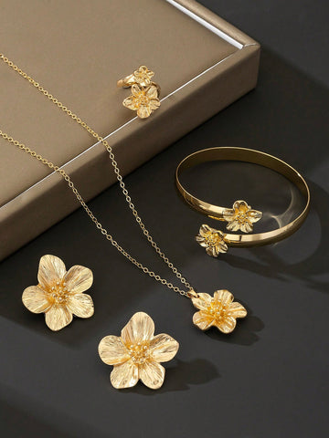 WZ0001 1 Set Elegant Golden Floral Bracelet, 1 Ring, 1 Necklace, 1 Pair Earrings Ladies Jewelry Set, Vacation Style Gift, Couples Gift (No Gift Box)