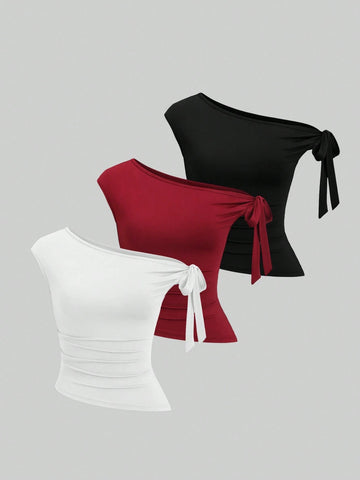 HW5710 3pcs/Set Women's Solid Color Twist Knot Shoulder Casual T-Shirts