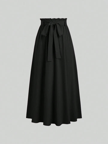 CV2017 Women's Solid Color Elastic Waist Knotted Long Casual Skirt