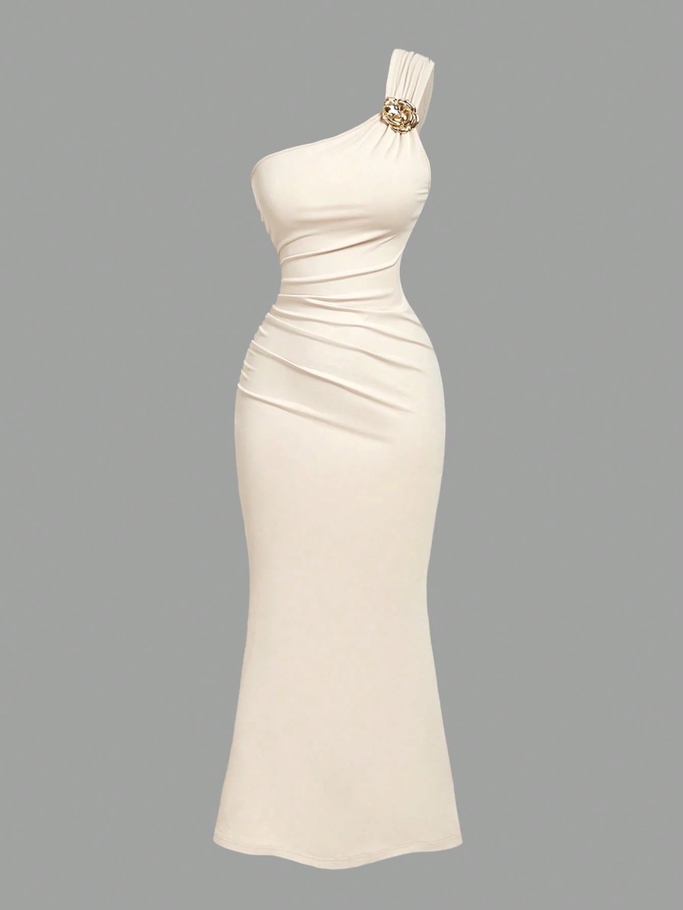 PA2083 || Gold Color Brooch Decor Asymmetric Neck Ruched Fishtail Skirt