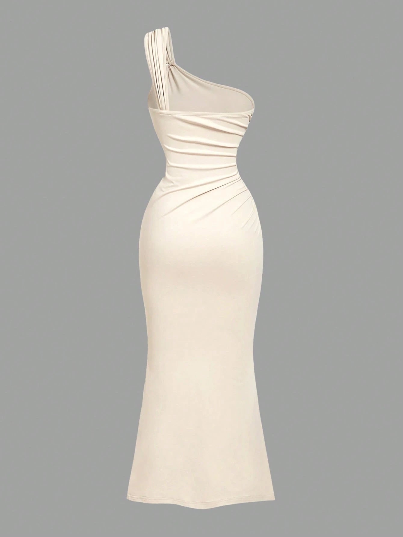 PA2083 || Gold Color Brooch Decor Asymmetric Neck Ruched Fishtail Skirt