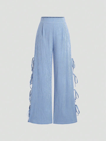 CV2048 Women's Retro Blue & White Plaid Lace-Up Bow Decor Split Casual Pants, Spring/Summer