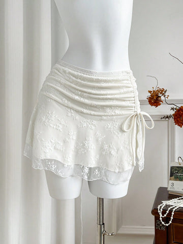 CV2028 Women Floral Lace Side Drawstring Fashionable Short Skirt