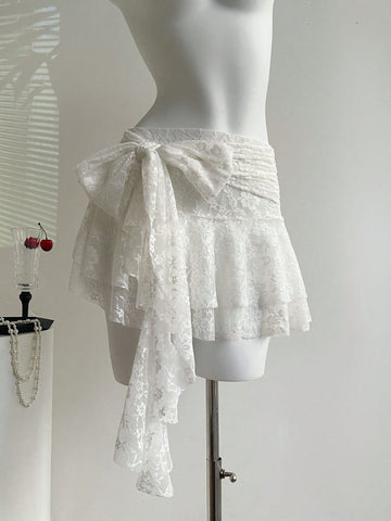CV2026 Women's Elegant Ruffle Tie Lace Skirt, Spring/Summer
