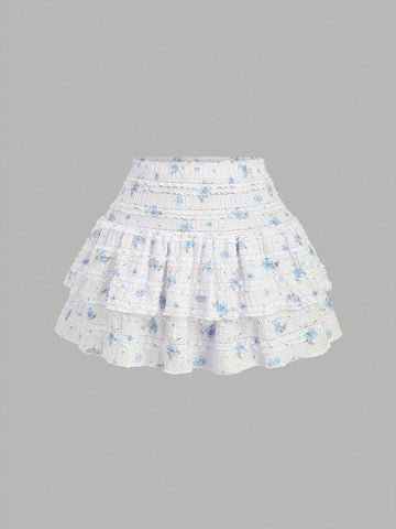 CV2032 Sweet Ditsy Floral Layered Ruffle High Waist Mini Skirt, For Spring/Summer