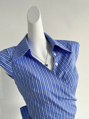 HW7609 Women's New Fashionable Commute Workwear Casual Criss-Cross Strap Bowtie Sleeveless V-Neck Blouse