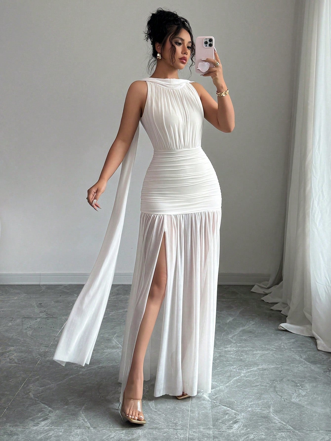 PA2348 Women Solid Color Minimalist Sleeveless Long Dress