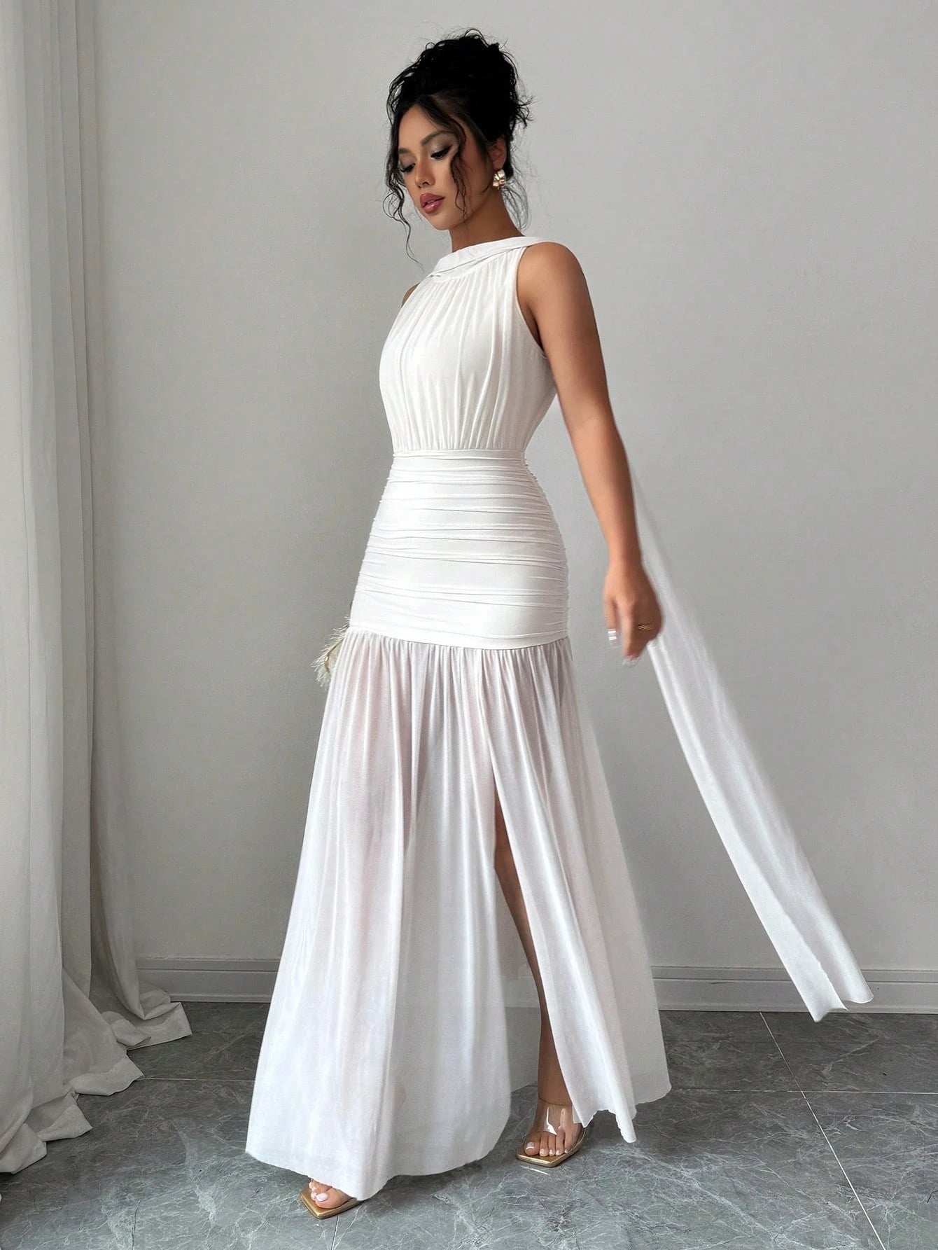 PA2348 Women Solid Color Minimalist Sleeveless Long Dress