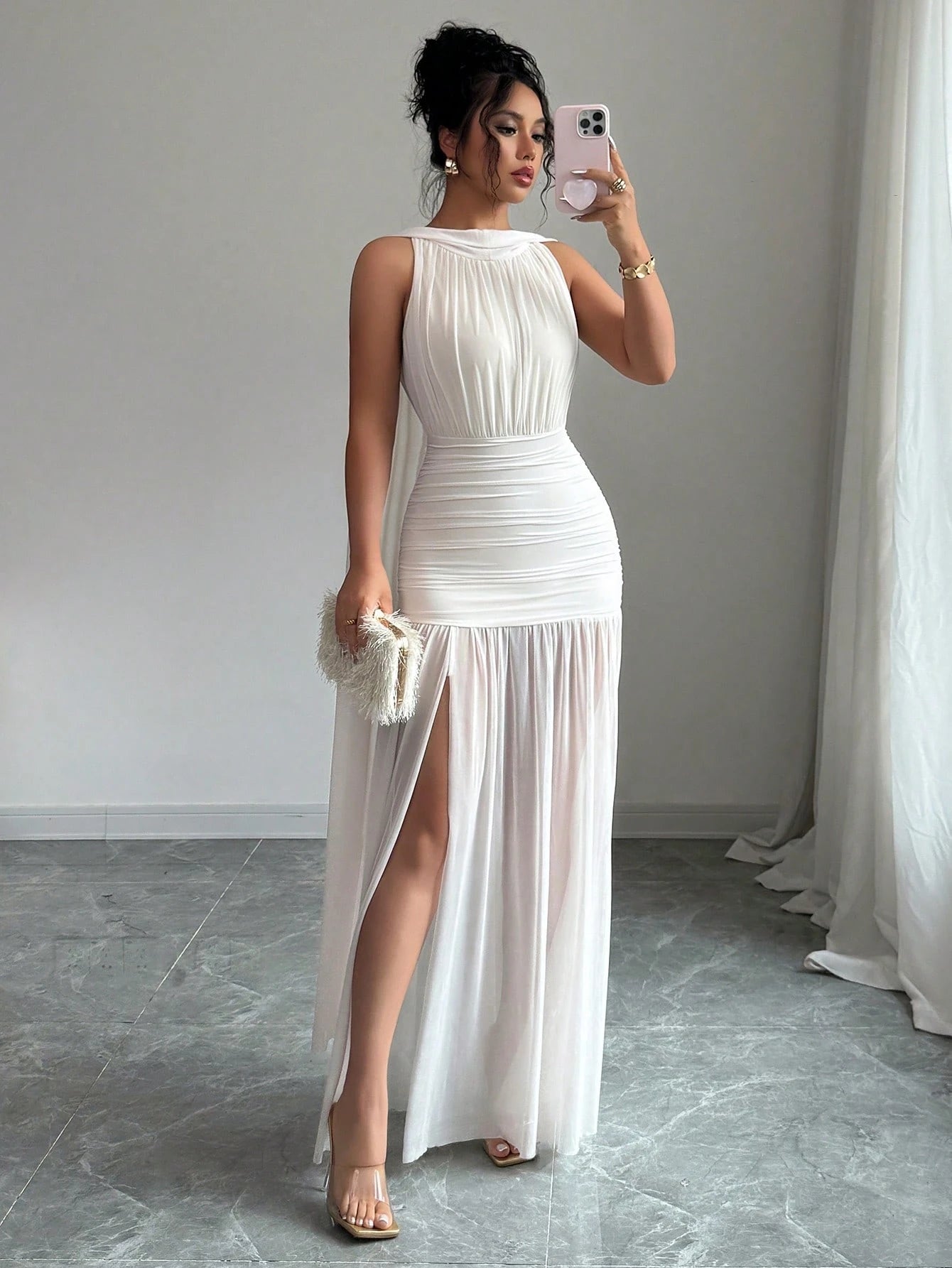 PA2348 Women Solid Color Minimalist Sleeveless Long Dress