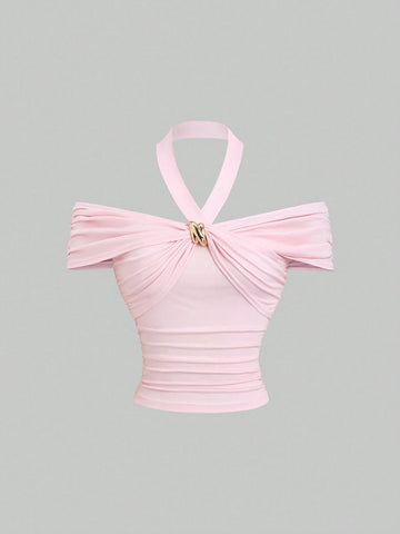 HW9237 Light Pink Neck-Tie Crinkle Asymmetrical Hem Blouse, Spring/Summer