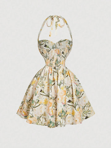 PA5073 Women's Romantic Floral Print Halter Dress