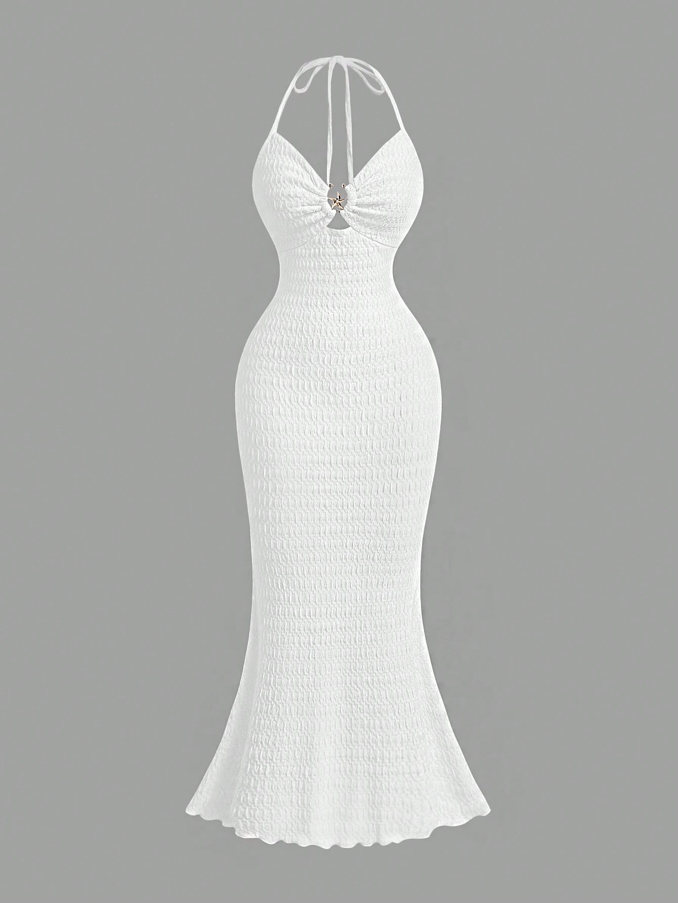 PA2850 || Sexy Vacation V-Neck Fish Tail Dress With Metal Starfish Decor, Halter Tie-Up Backless, Textured Fabric, Elegant Dress,Vacation Women Clothes,Graduation Dress,Wedding Guest Dress Women