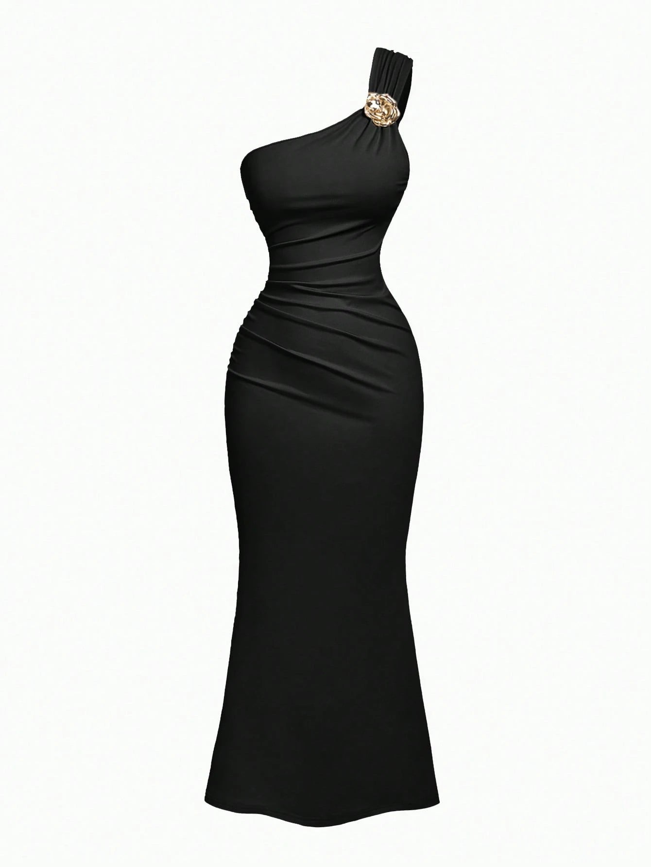 PA2083 || Gold Color Brooch Decor Asymmetric Neck Ruched Fishtail Skirt