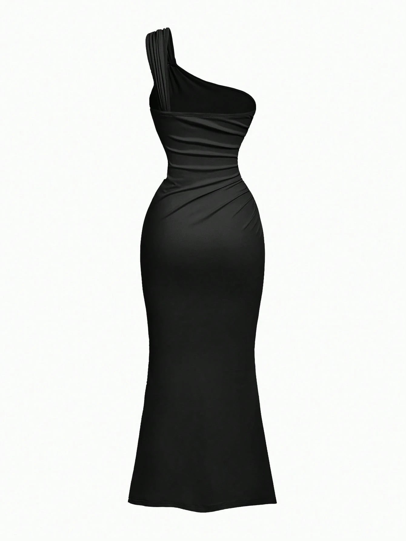 PA2083 || Gold Color Brooch Decor Asymmetric Neck Ruched Fishtail Skirt
