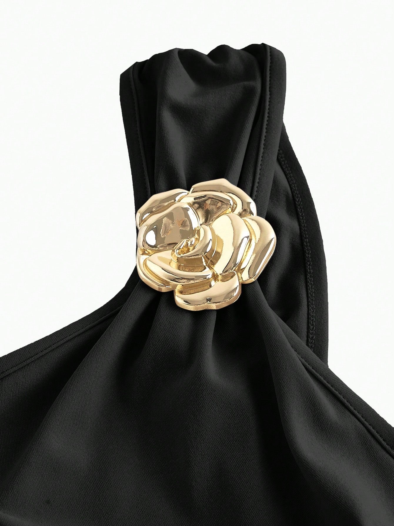 PA2083 || Gold Color Brooch Decor Asymmetric Neck Ruched Fishtail Skirt