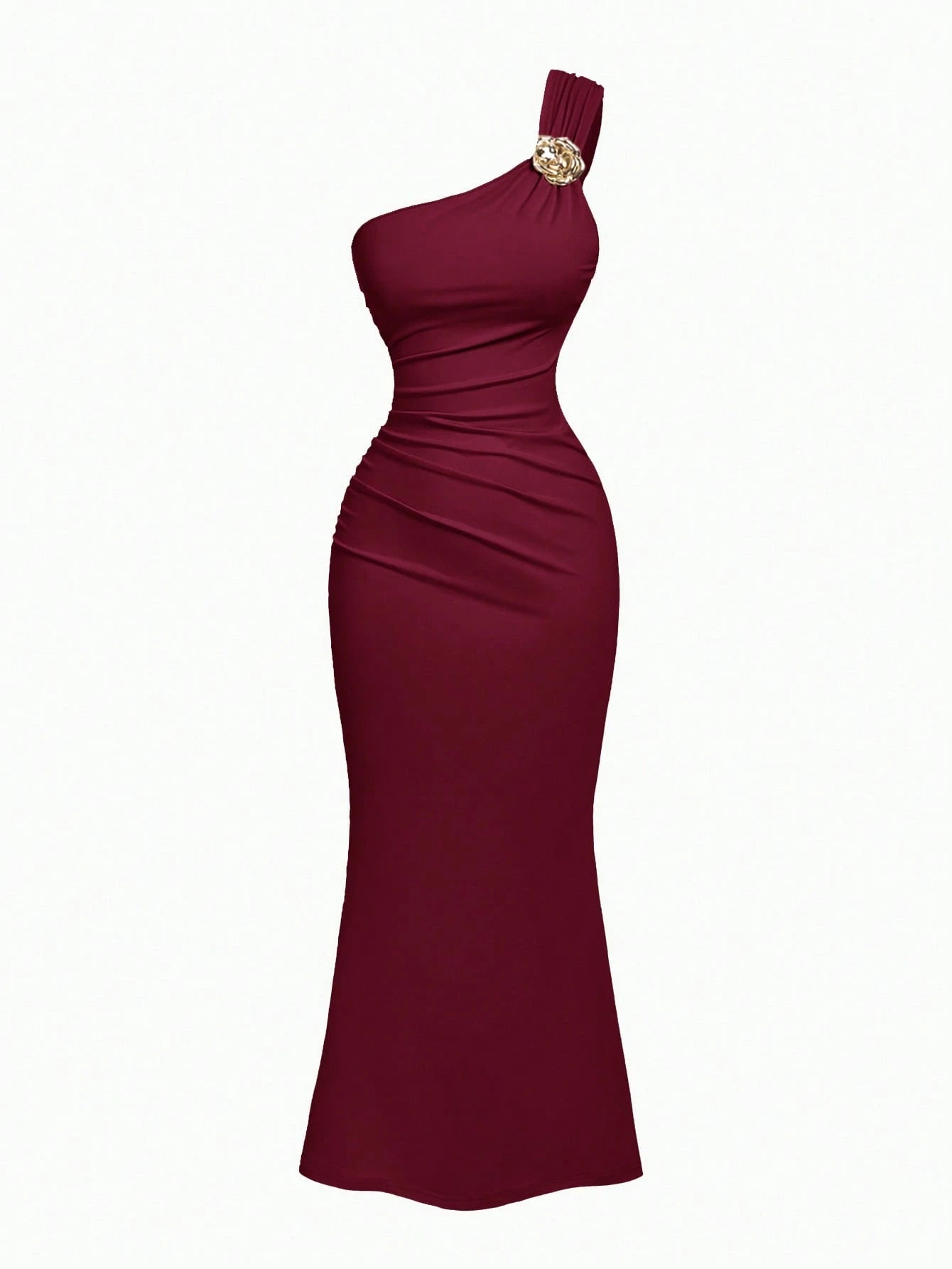 PA2083 || Gold Color Brooch Decor Asymmetric Neck Ruched Fishtail Skirt