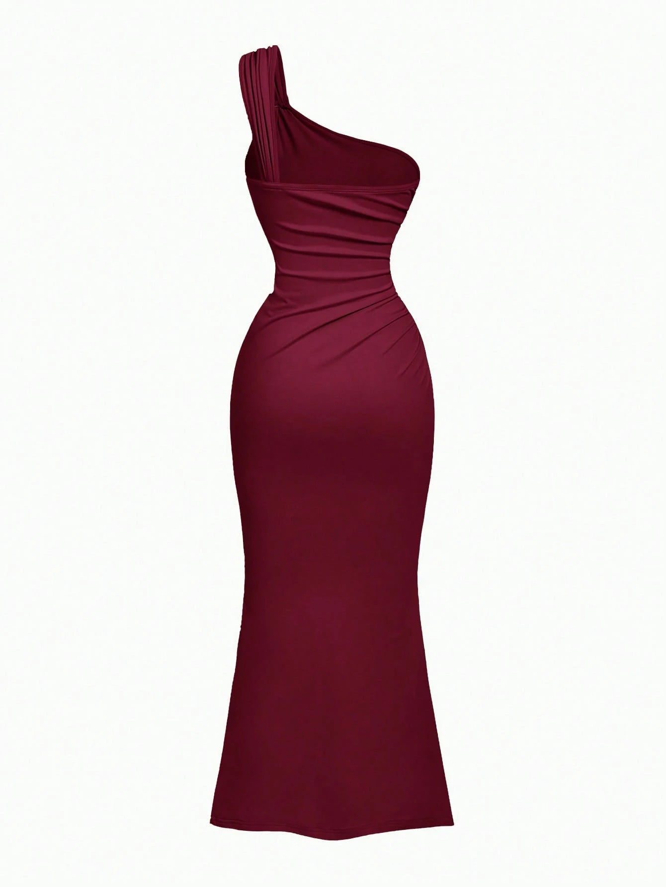 PA2083 || Gold Color Brooch Decor Asymmetric Neck Ruched Fishtail Skirt