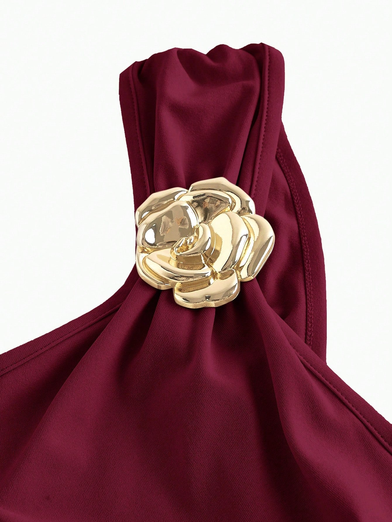 PA2083 || Gold Color Brooch Decor Asymmetric Neck Ruched Fishtail Skirt