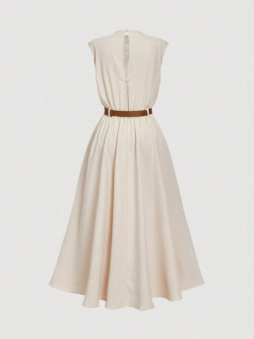 PA4813 || Women Sleeveless Solid Color Dress (With Belt), Back To School Season,Boho Clothes Women Beige Dress Cream Dress Dress With Belt Midi Dress Asymmetrical Dress