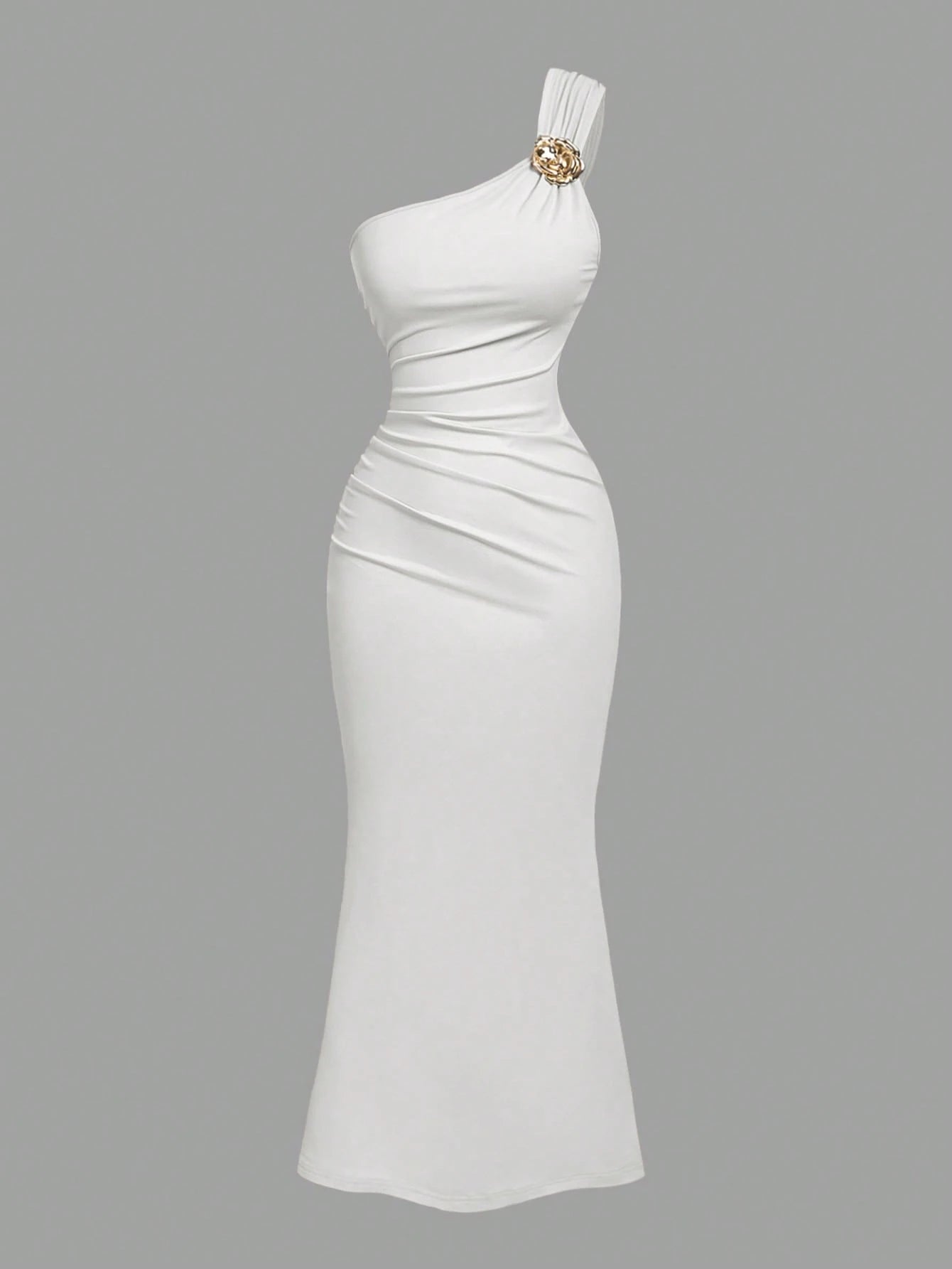 PA2083 || Gold Color Brooch Decor Asymmetric Neck Ruched Fishtail Skirt