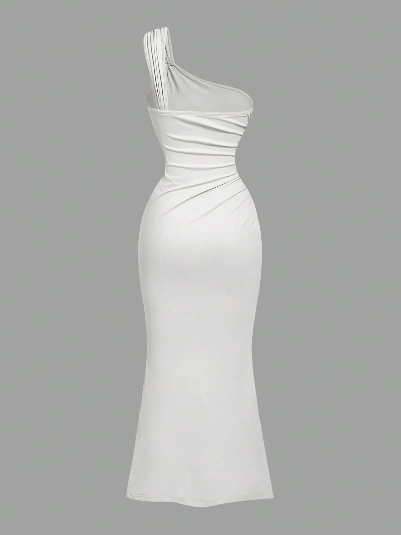 PA2083 || Gold Color Brooch Decor Asymmetric Neck Ruched Fishtail Skirt