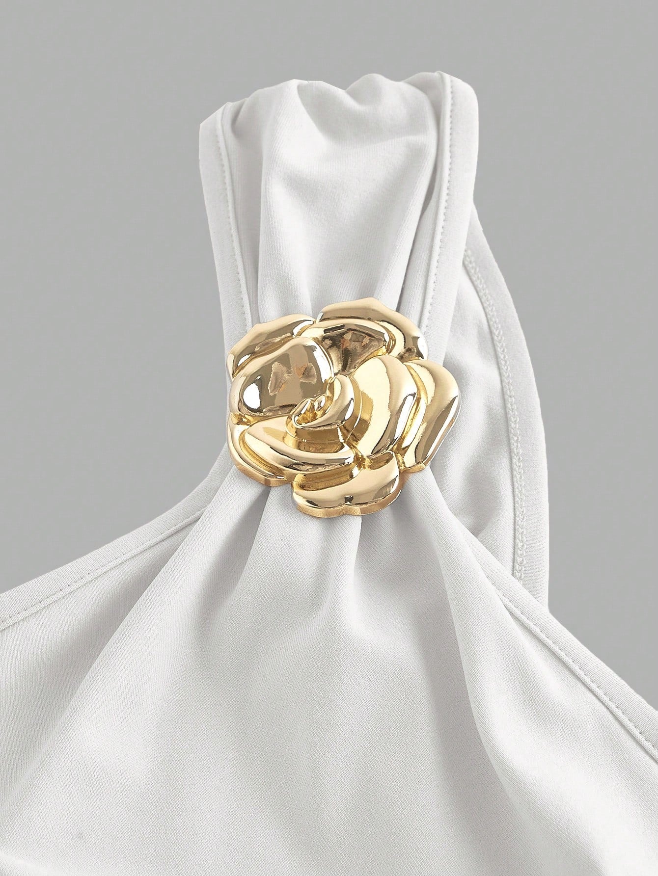 PA2083 || Gold Color Brooch Decor Asymmetric Neck Ruched Fishtail Skirt