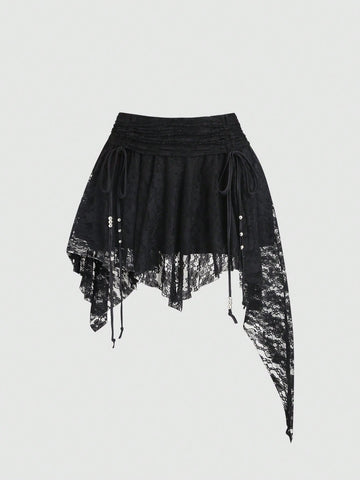 CV2014 Bohemian Style Knitted Lace Ruffle Asymmetrical Hem Waist Shirred Women Mini Skirt